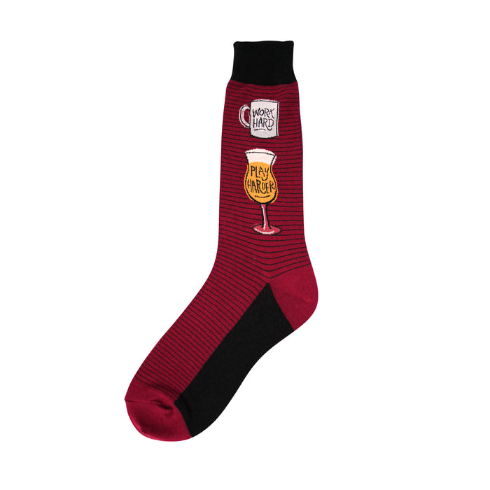 Crimson crew socks with thin stripes and a graphic of a coffee mug saying 'Work Hard' and a drink glass saying 'Play Harder'. }}