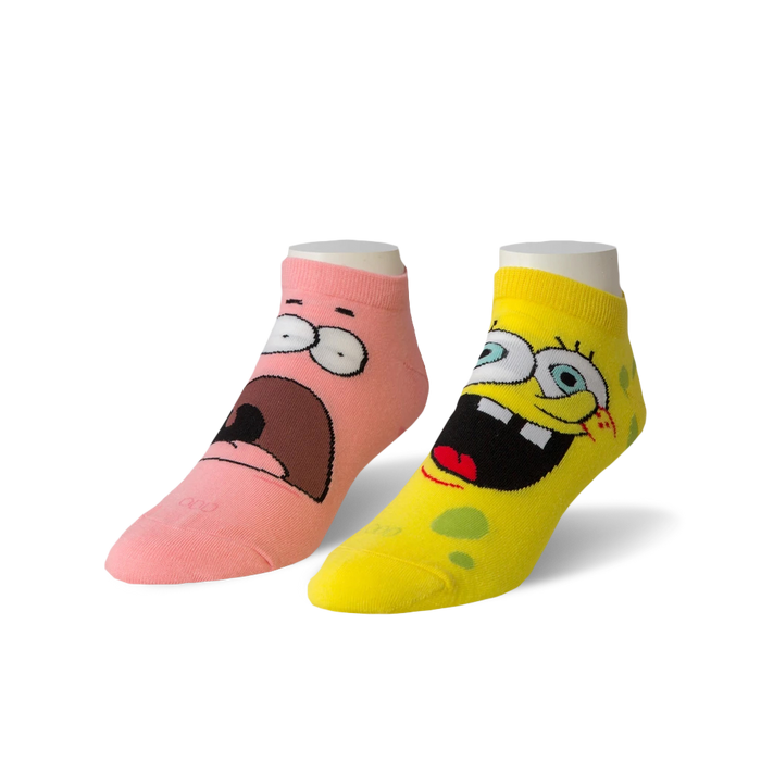 Pair of ankle socks: one pink with Patrick Star's surprised face, one yellow with Spongebob's grinning face. }}