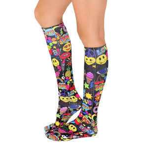 Side view of the Girls Rule knee-high socks showing the full print and fit on a model's legs.