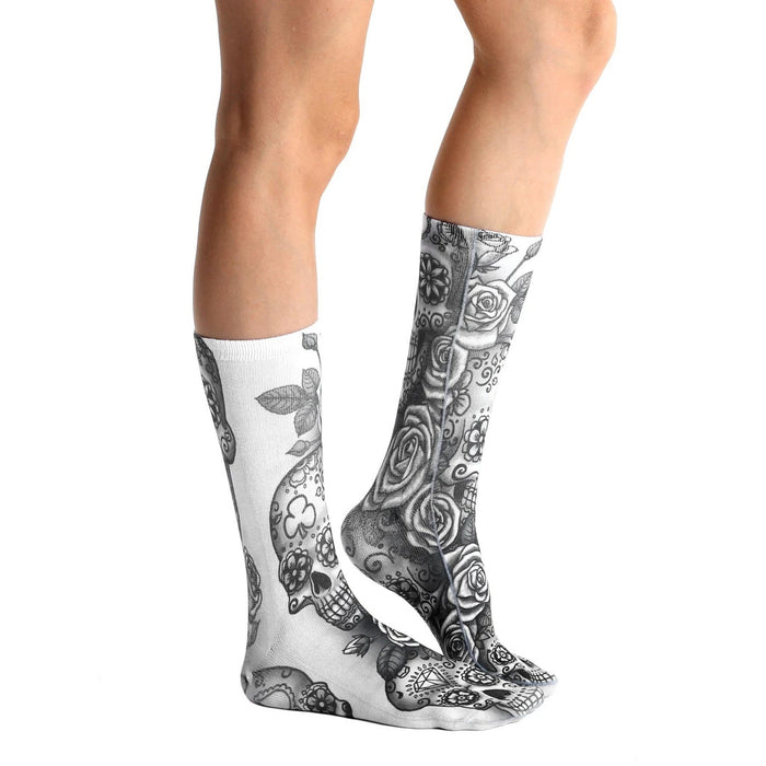 Lifestyle shot showing Dia socks on a person's legs.