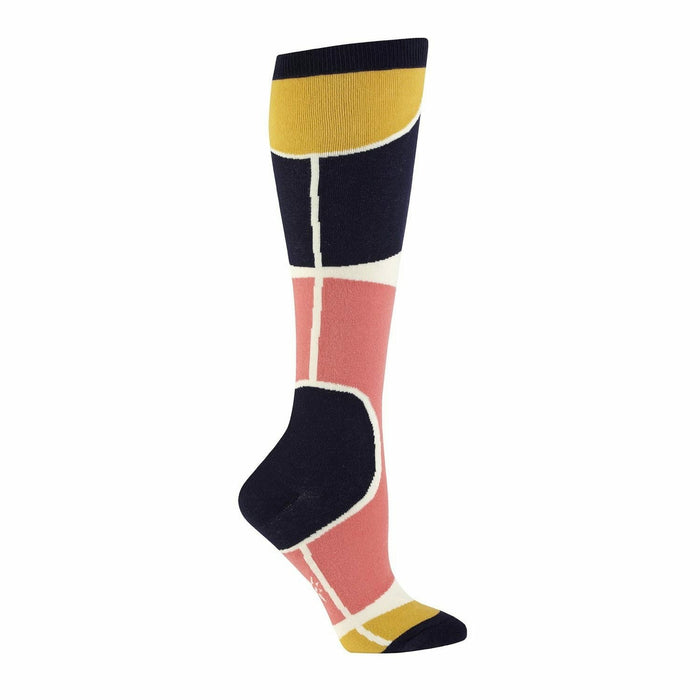 Knee-high socks in navy, dusty rose, and gold. Features a geometric Art Deco-inspired design with bold blocks of color and clean lines. }}