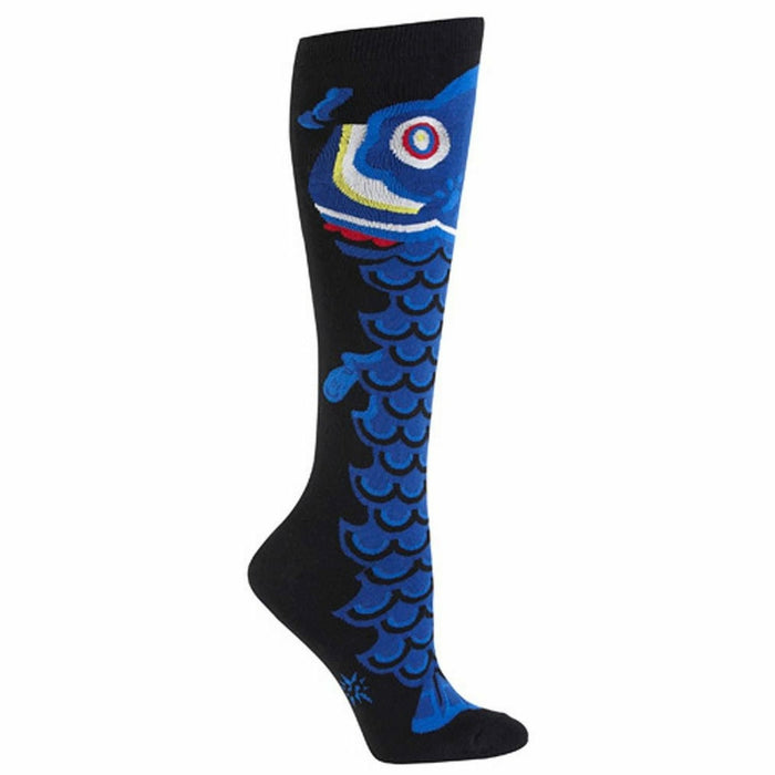 Black knee-high socks with a vibrant blue koi fish design extending from the calf to the toe. Colorful details highlight the fish's eye and scales. }}