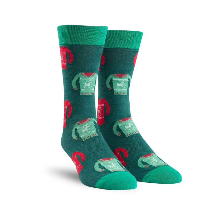ugly holiday sweater christmas themed mens green novelty crew socks }}