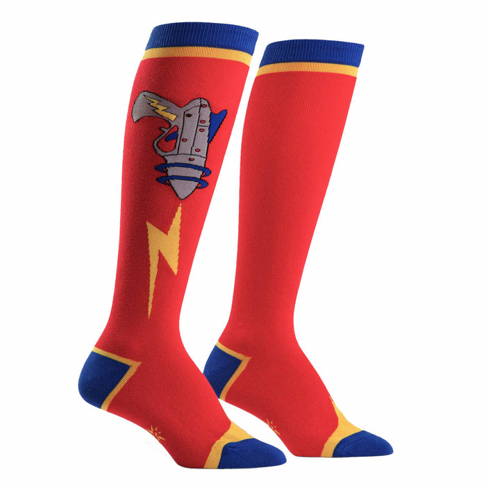 Pair of red knee-high socks with a retro raygun, lightning bolt, and blue and yellow accents.  }}