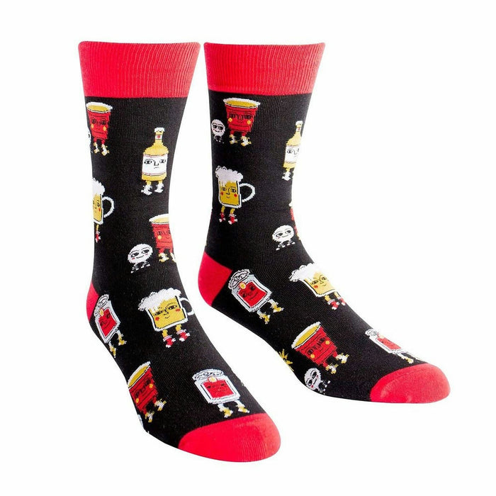 Pair of crew socks. Black background with red, yellow, and white illustrations of beer pong cups, beer bottles, and ping pong balls with legs. }}