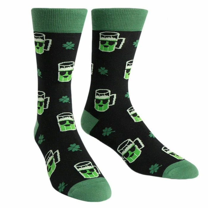 Crew socks, black with green beer mug and shamrock pattern, green cuffs. }}