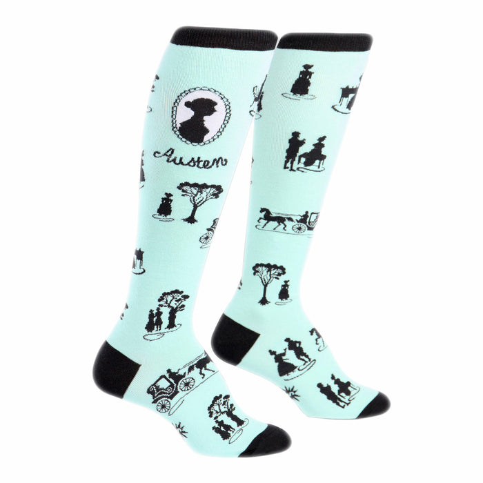 Pair of mint green knee-high socks with black Jane Austen-inspired silhouettes and cameo. }}