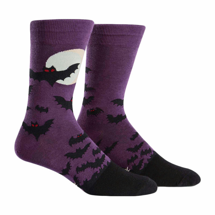 Purple crew socks with a black bat design and a full moon. Black heel and toe. Spooky and fun! }}