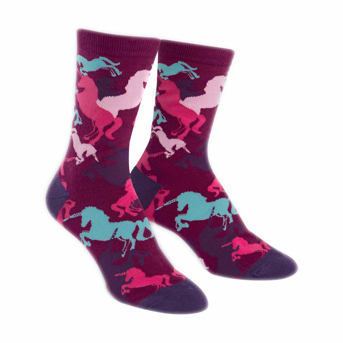 Crew socks featuring a maroon background with a pattern of pink, teal, and purple unicorns. }}