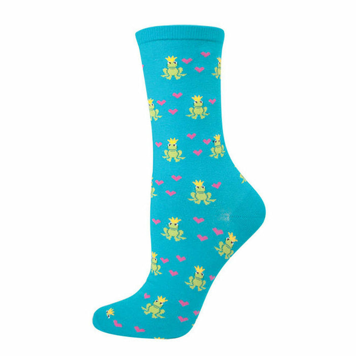 A teal crew sock with a repeating pattern of cute cartoon frogs wearing crowns and pink hearts. }}
