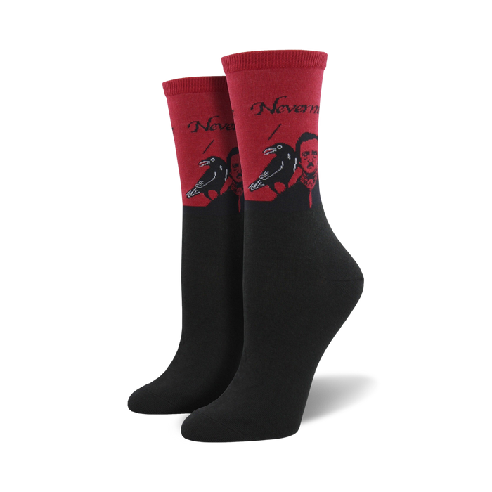 Pair of crew socks. Red top features Edgar Allan Poe, ravens, and