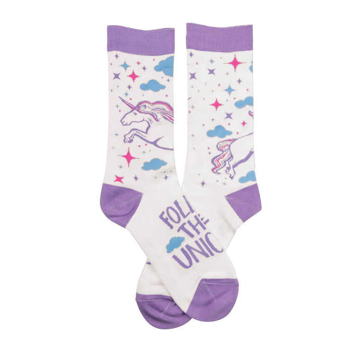 Crew socks; white base with lavender cuffs; features unicorns, stars, and clouds; 'Follow That Unicorn' text on sole. }}