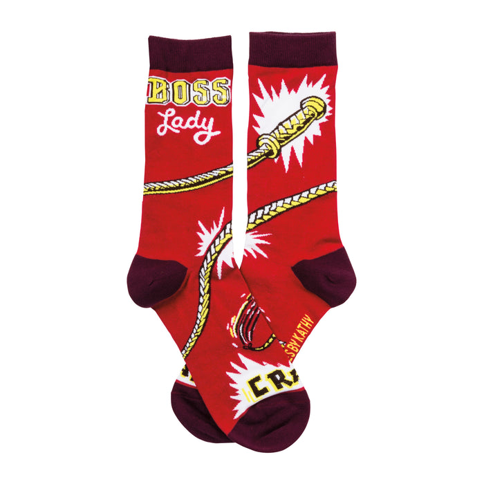 Pair of women's crew socks; red with burgundy cuffs; yellow rope pattern and 'Boss Lady' text. }}