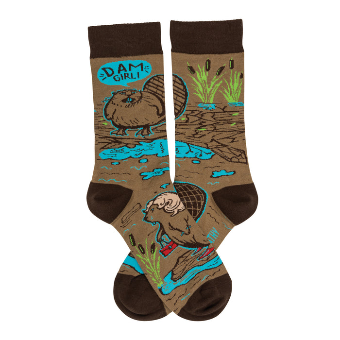 Crew socks in brown and teal. Feature a cartoon beaver with a speech bubble that says 'Dam Girl!' and other beaver illustrations. }}
