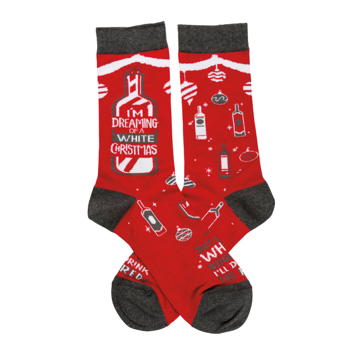 Crew socks in red with gray cuffs. Design features white wine bottles, ornaments, and the text 'I'm dreaming of a White Christmas'. }}