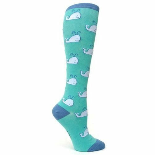 Knee-high socks in teal with a pattern of small white whales. The top cuff is a darker blue-grey. }}