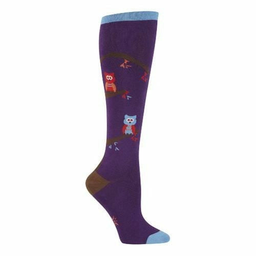Purple knee-high socks with a whimsical design featuring owls perched on brown branches. Accents of red and blue on the owls and branches. }}