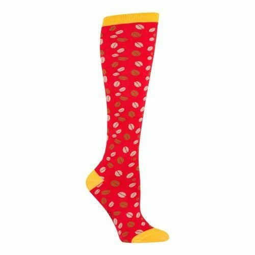 Red knee-high socks with a scattered pattern of brown and pink coffee beans. Yellow cuff. }}