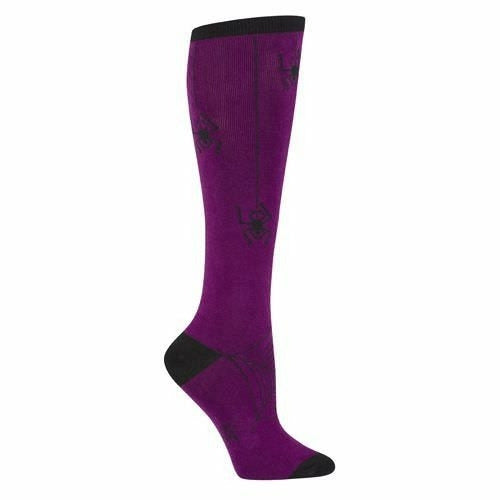 Knee-high socks in purple with a black spider web and spider design. The socks have a black toe and heel. }}
