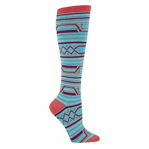Knee-high socks in light blue, coral, and burgundy. Geometric pattern with horizontal stripes and zig-zag details. }}