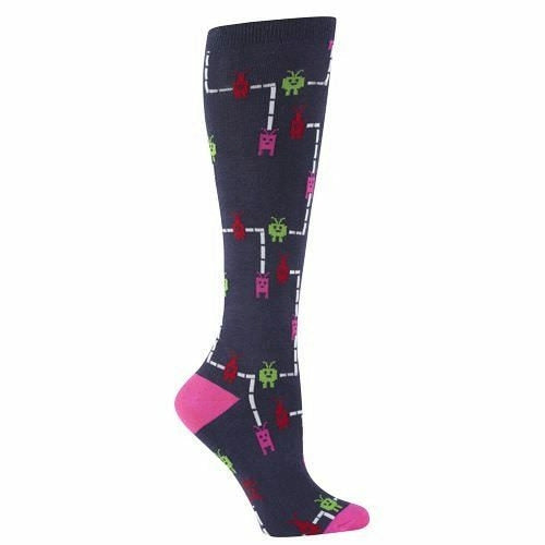 Knee-high socks in navy blue with a pattern of pixelated characters in pink, green, and red, traversing white lines resembling an arcade game. }}