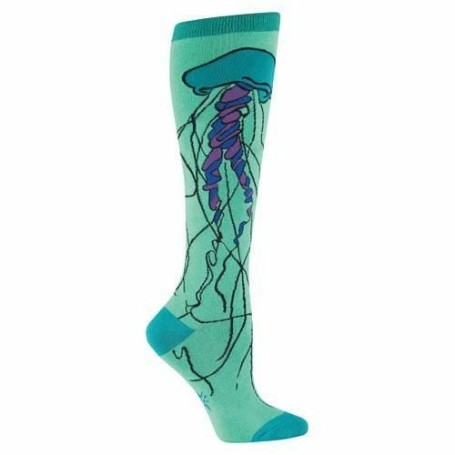 Knee-high socks in seafoam green featuring a teal, purple, and blue jellyfish design. The jellyfish illustration has flowing tentacles and lines. }}