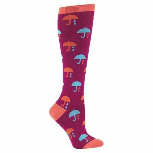 Knee-high socks in deep pink with a repeating pattern of coral and teal umbrellas and raindrops. }}