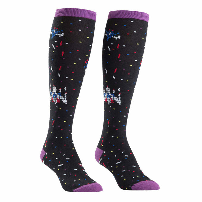 Pair of black knee-high socks with purple cuffs. Features a retro pixel art bowling design and colorful confetti. }}