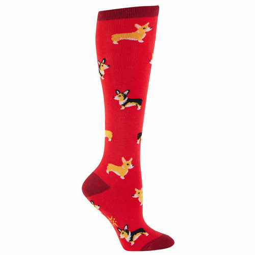 Red knee-high socks with a repeating pattern of illustrated Corgis in yellow, black, and white. }}