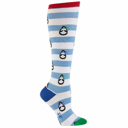 Knee-high socks in white and blue stripes. Features repeating images of penguins wearing scarves. Red and green accents. }}
