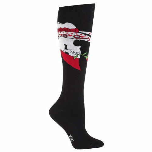 Black knee-high socks with a graphic design of a sugar skull wearing a red and white bandana and holding a rose. }}