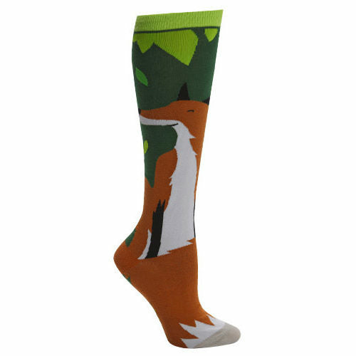 Knee-high socks in orange, green, and white, featuring a whimsical illustration of a fox in a forest setting. }}