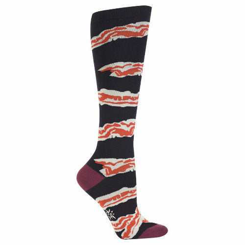 Knee-high socks in dark navy with a repeating pattern of orange and off-white bacon stripes. Burgundy heel and toe. }}