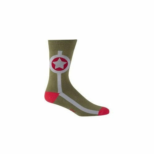 Olive green crew socks with a red and white star design. Features a central circular graphic with a star in the middle, accented with light grey stripes. }}