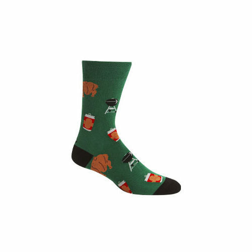 Green crew socks with a fun BBQ theme. Features illustrations of beer cans, roasted chickens, and grills. }}