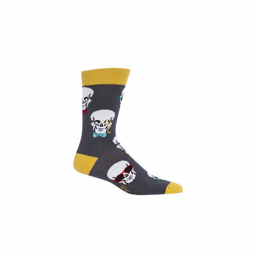 Gray crew socks with a repeating pattern of skulls wearing sunglasses and bow ties. Yellow cuff detail. }}