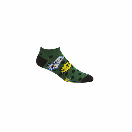 Ankle socks in dark green with black polka dots and a comic book-style