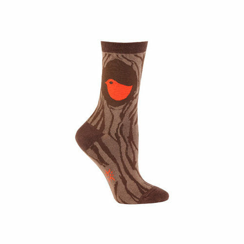 Brown crew socks with a tree trunk pattern and a bright orange robin peeking from a hole. Fun and quirky design. }}