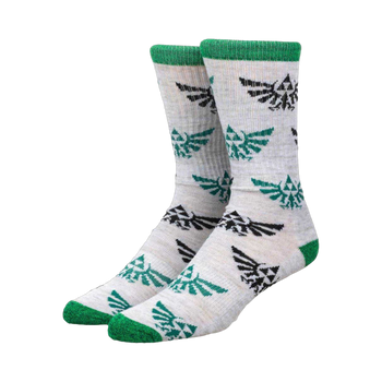 A pair of grey crew socks with a repeating pattern of the black and green Zelda Triforce logo.