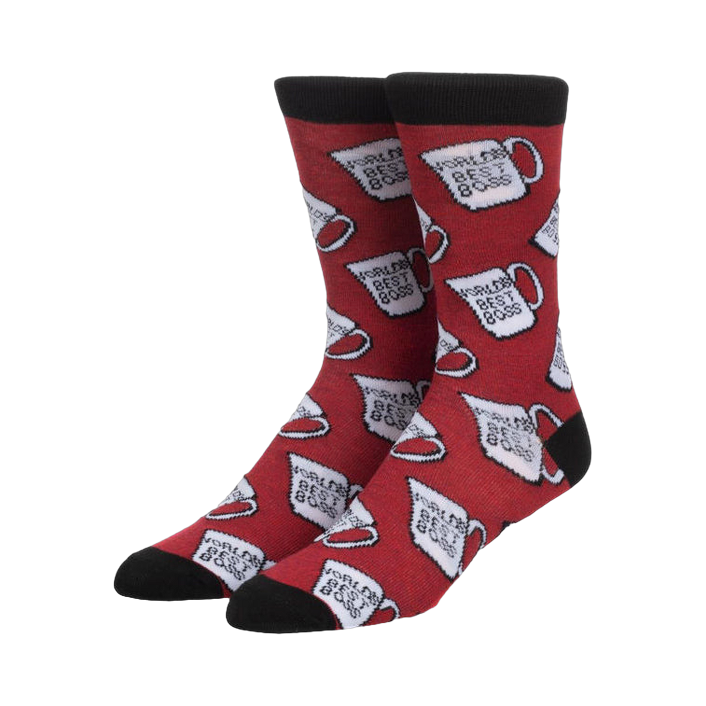 Pair of red crew socks featuring a repeating pattern of white mugs that say 'World's Best Boss'. Black cuff.