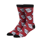 Pair of red crew socks featuring a repeating pattern of white mugs that say 'World's Best Boss'. Black cuff.