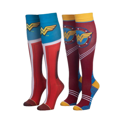 Two pairs of women's Wonder Woman knee-high socks. One pair is red and blue, the other is burgundy and gold. Both feature Wonder Woman's logo.