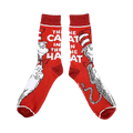 Close-up of a pair of red crew socks featuring The Cat in the Hat.