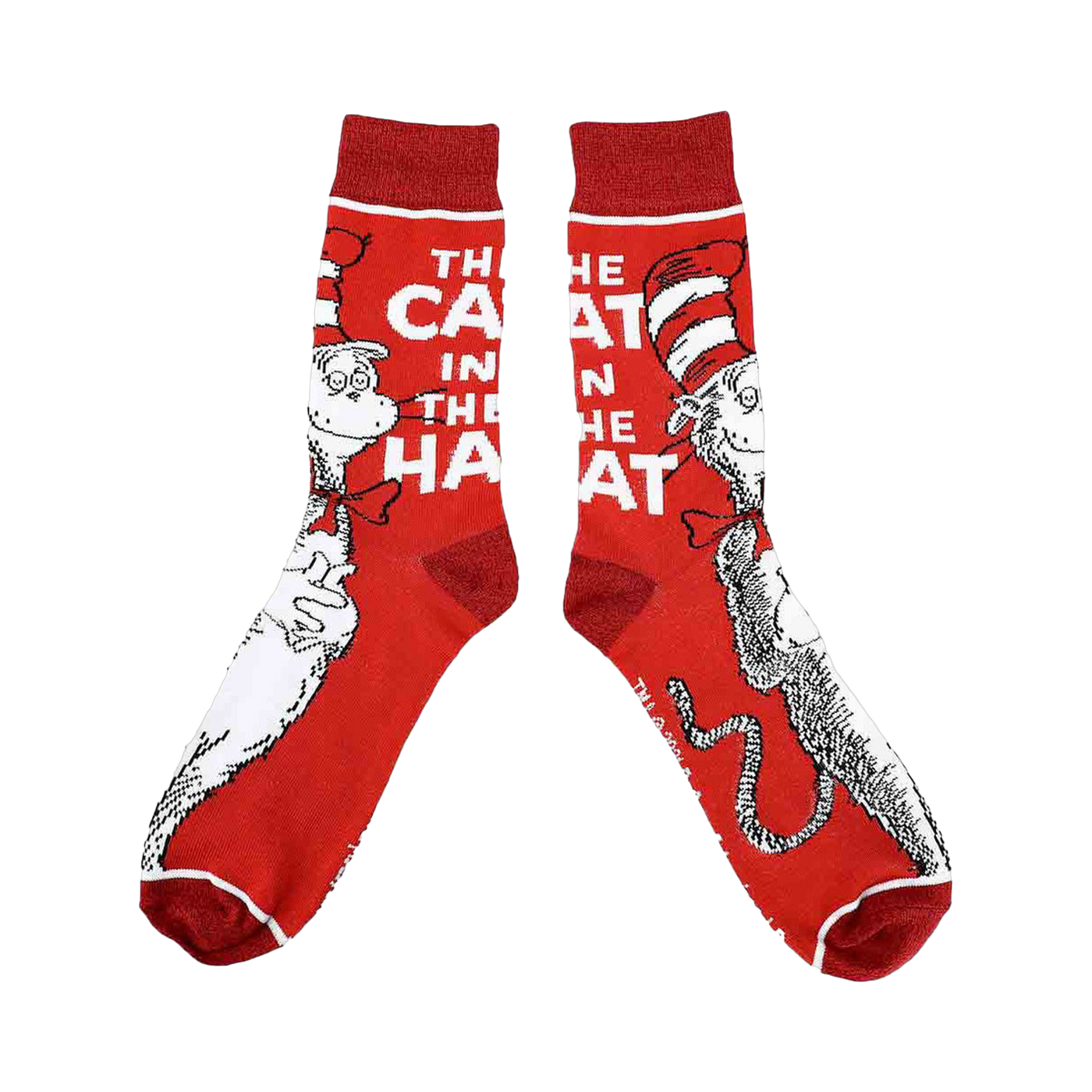 Close-up of a pair of red crew socks featuring The Cat in the Hat.