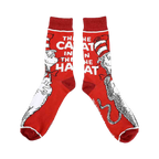 Close-up of a pair of red crew socks featuring The Cat in the Hat.