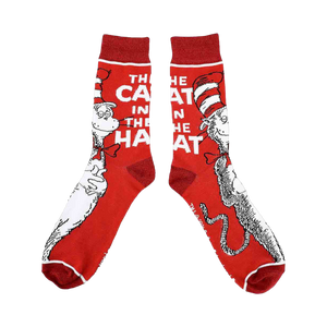 Close-up of a pair of red crew socks featuring The Cat in the Hat.