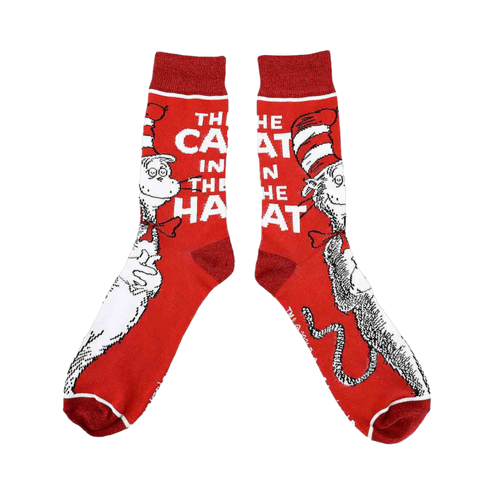 Close-up of a pair of red crew socks featuring The Cat in the Hat.