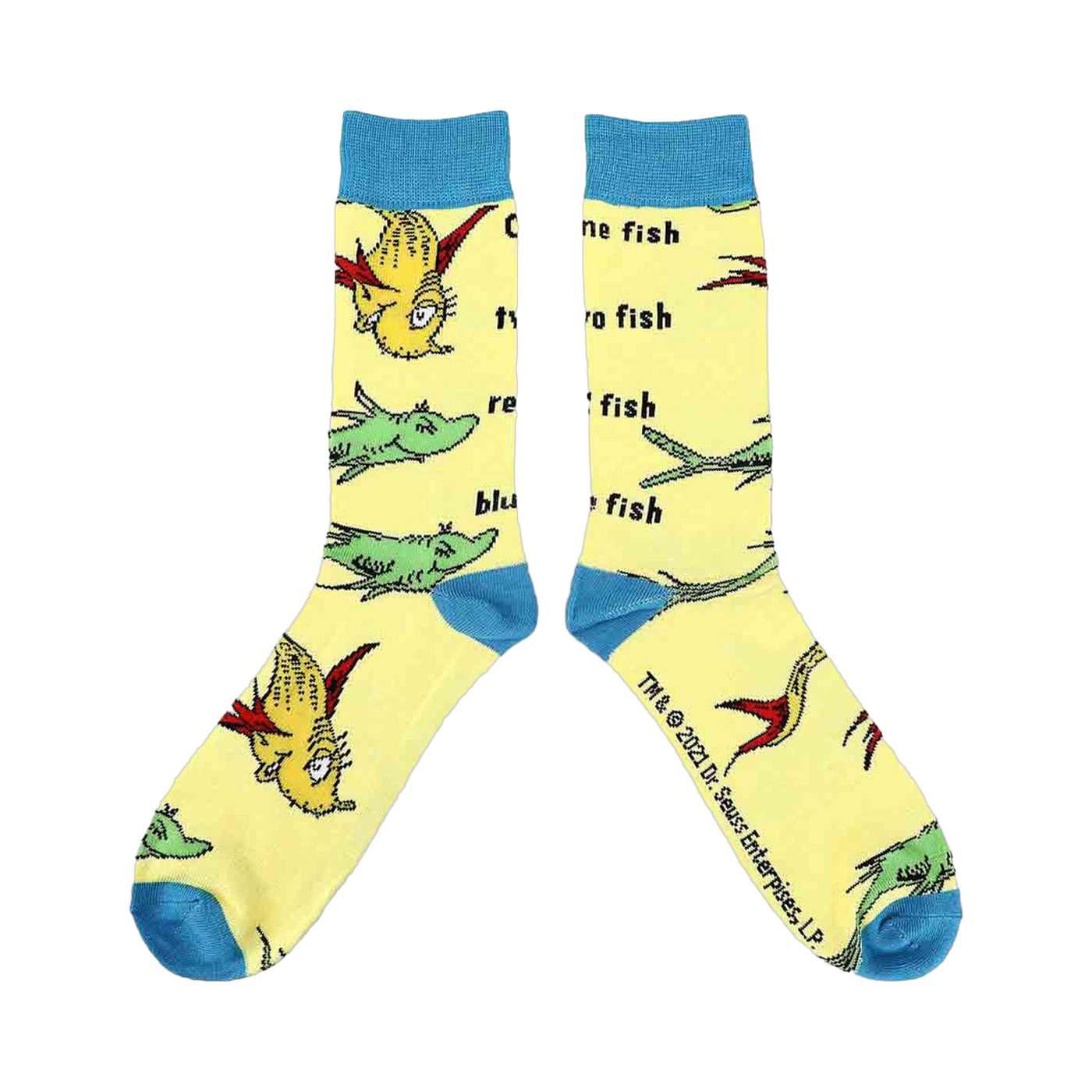 Close-up of a pair of yellow crew socks with illustrations from One Fish Two Fish.