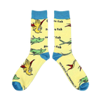 Close-up of a pair of yellow crew socks with illustrations from One Fish Two Fish.