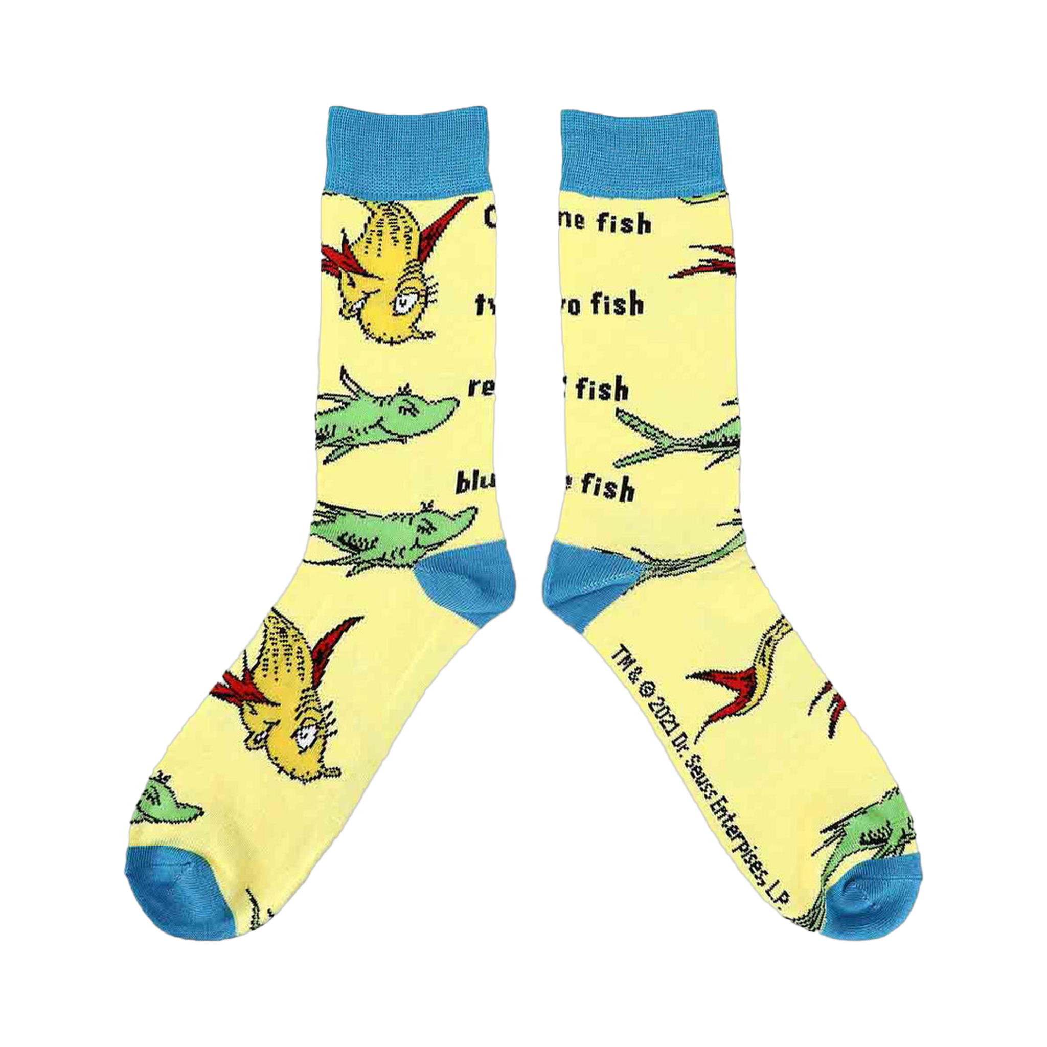 Close-up of a pair of yellow crew socks with illustrations from One Fish Two Fish.